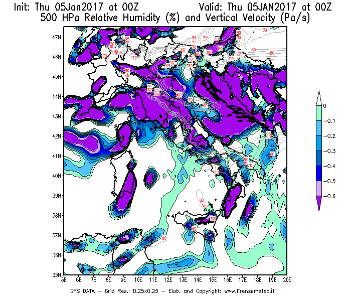 Mappa di analisi GFS - Umidità relativa [%] e Omega [Pa/s] a 500 hPa in Italia
							del 05/01/2017 00 <!--googleoff: index-->UTC<!--googleon: index-->