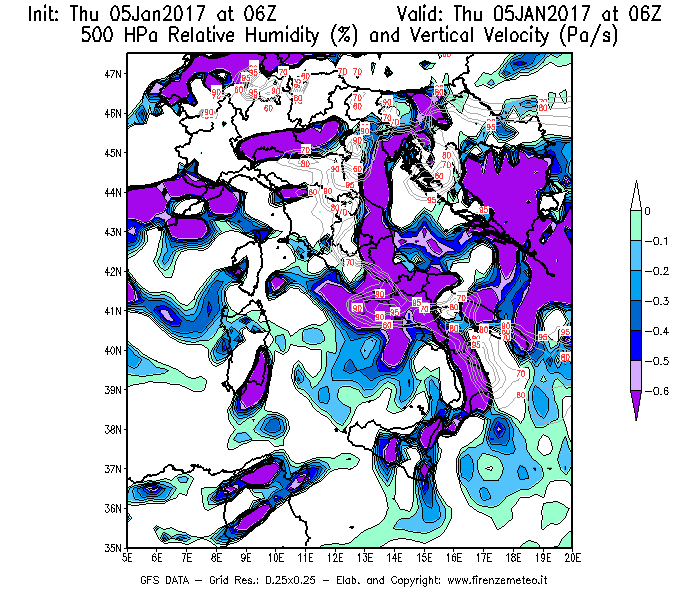 Mappa di analisi GFS - Umidità relativa [%] e Omega [Pa/s] a 500 hPa in Italia
									del 05/01/2017 06 <!--googleoff: index-->UTC<!--googleon: index-->
