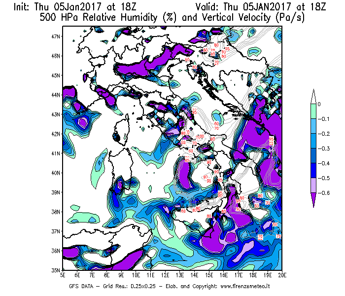 Mappa di analisi GFS - Umidità relativa [%] e Omega [Pa/s] a 500 hPa in Italia
							del 05/01/2017 18 <!--googleoff: index-->UTC<!--googleon: index-->