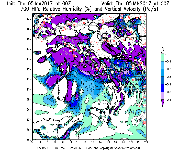 Mappa di analisi GFS - Umidità relativa [%] e Omega [Pa/s] a 700 hPa in Italia
							del 05/01/2017 00 <!--googleoff: index-->UTC<!--googleon: index-->