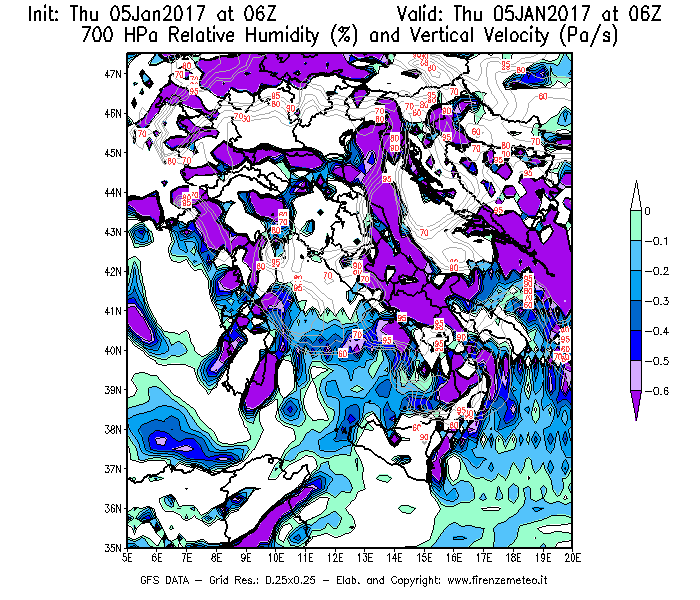 Mappa di analisi GFS - Umidità relativa [%] e Omega [Pa/s] a 700 hPa in Italia
							del 05/01/2017 06 <!--googleoff: index-->UTC<!--googleon: index-->