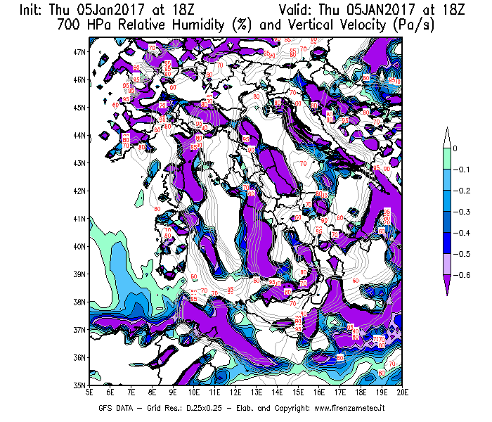 Mappa di analisi GFS - Umidità relativa [%] e Omega [Pa/s] a 700 hPa in Italia
							del 05/01/2017 18 <!--googleoff: index-->UTC<!--googleon: index-->
