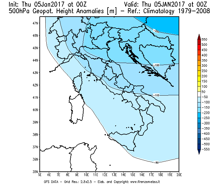 Mappa di analisi GFS - Anomalia di Geopotenziale a 500 hPa in Italia
							del 05/01/2017 00 <!--googleoff: index-->UTC<!--googleon: index-->