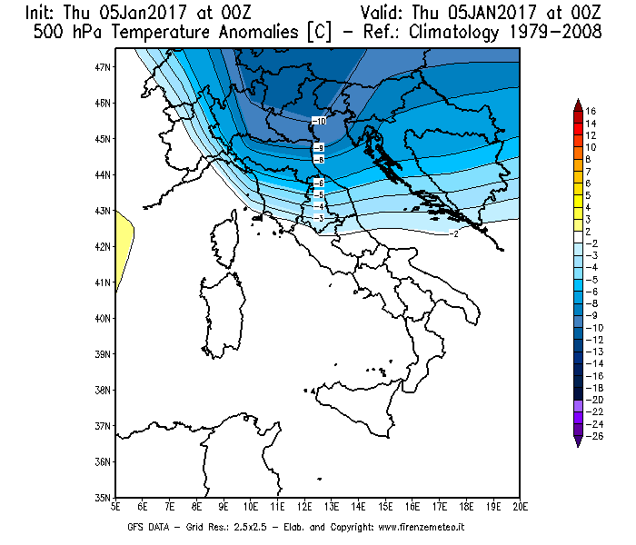Mappa di analisi GFS - Anomalia Temperatura [°C] a 500 hPa in Italia
							del 05/01/2017 00 <!--googleoff: index-->UTC<!--googleon: index-->