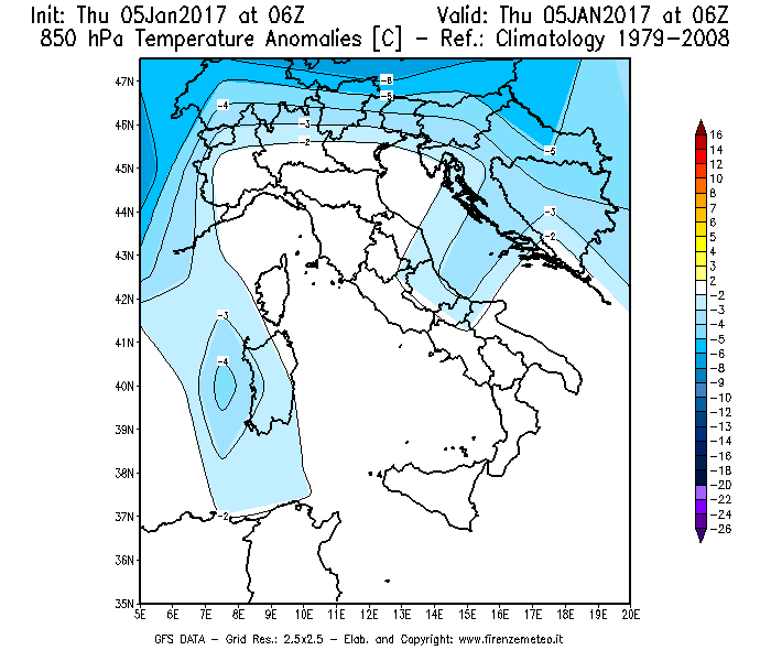 Mappa di analisi GFS - Anomalia Temperatura [°C] a 850 hPa in Italia
							del 05/01/2017 06 <!--googleoff: index-->UTC<!--googleon: index-->