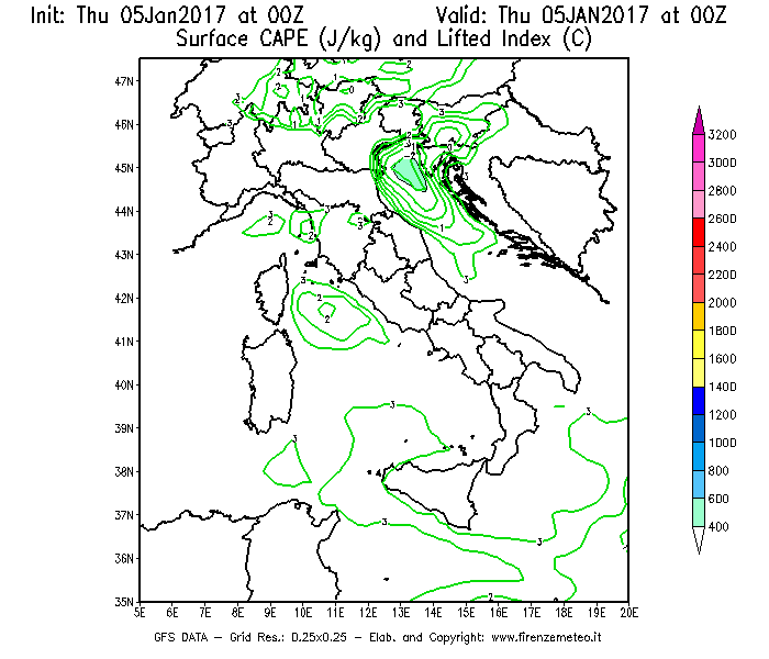 Mappa di analisi GFS - CAPE [J/kg] e Lifted Index [°C] in Italia
									del 05/01/2017 00 <!--googleoff: index-->UTC<!--googleon: index-->