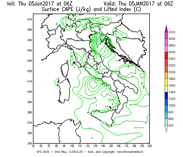 Mappa di analisi GFS - CAPE [J/kg] e Lifted Index [°C] in Italia
									del 05/01/2017 06 <!--googleoff: index-->UTC<!--googleon: index-->