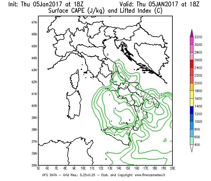 Mappa di analisi GFS - CAPE [J/kg] e Lifted Index [°C] in Italia
							del 05/01/2017 18 <!--googleoff: index-->UTC<!--googleon: index-->