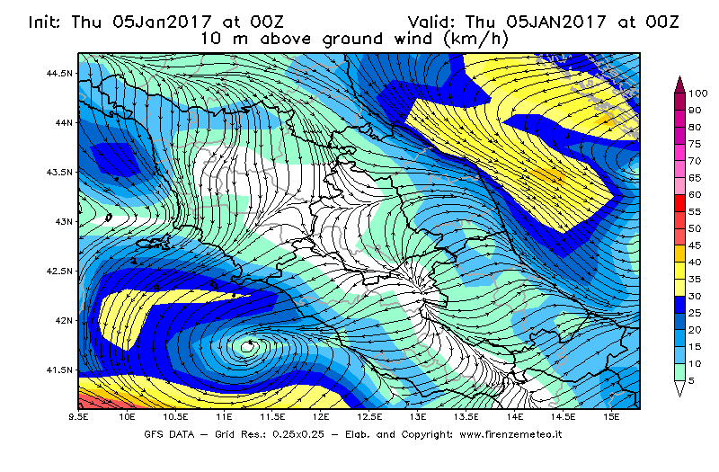 Mappa di analisi GFS - Velocità del vento a 10 metri dal suolo [km/h] in Centro-Italia
									del 05/01/2017 00 <!--googleoff: index-->UTC<!--googleon: index-->
