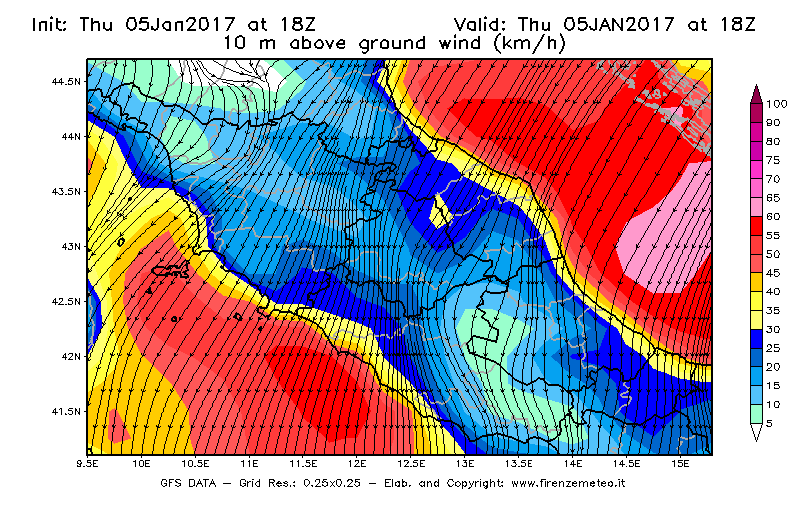 Mappa di analisi GFS - Velocità del vento a 10 metri dal suolo [km/h] in Centro-Italia
									del 05/01/2017 18 <!--googleoff: index-->UTC<!--googleon: index-->