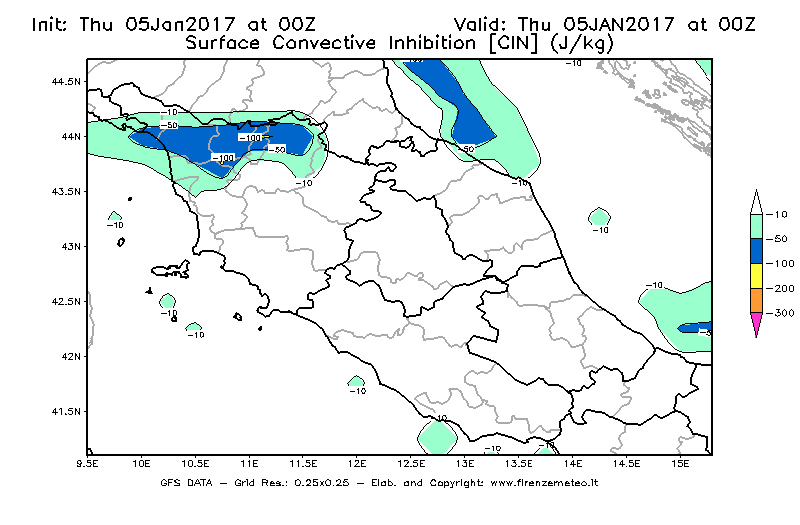 Mappa di analisi GFS - CIN [J/kg] in Centro-Italia
							del 05/01/2017 00 <!--googleoff: index-->UTC<!--googleon: index-->
