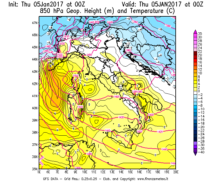Mappa di analisi GFS - Geopotenziale [m] e Temperatura [°C] a 850 hPa in Italia
									del 05/01/2017 00 <!--googleoff: index-->UTC<!--googleon: index-->