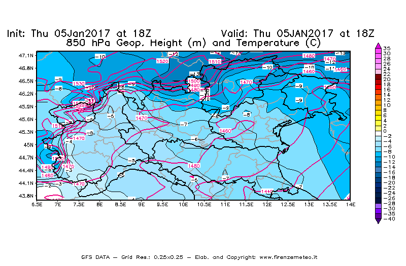 Mappa di analisi GFS - Geopotenziale [m] e Temperatura [°C] a 850 hPa in Nord-Italia
							del 05/01/2017 18 <!--googleoff: index-->UTC<!--googleon: index-->