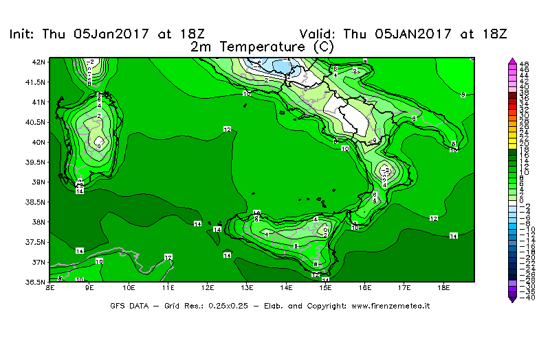 Mappa di analisi GFS - Temperatura a 2 metri dal suolo [°C] in Sud-Italia
							del 05/01/2017 18 <!--googleoff: index-->UTC<!--googleon: index-->