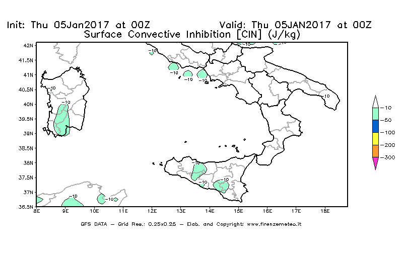 Mappa di analisi GFS - CIN [J/kg] in Sud-Italia
							del 05/01/2017 00 <!--googleoff: index-->UTC<!--googleon: index-->
