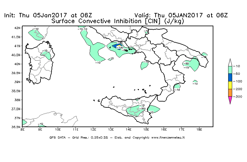 Mappa di analisi GFS - CIN [J/kg] in Sud-Italia
							del 05/01/2017 06 <!--googleoff: index-->UTC<!--googleon: index-->