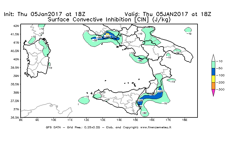 Mappa di analisi GFS - CIN [J/kg] in Sud-Italia
									del 05/01/2017 18 <!--googleoff: index-->UTC<!--googleon: index-->