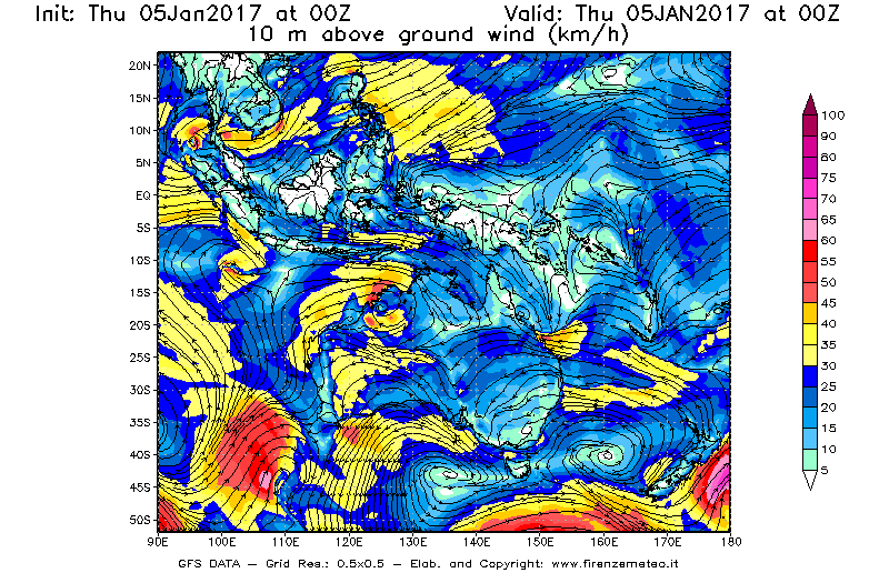 Mappa di analisi GFS - Velocità del vento a 10 metri dal suolo [km/h] in Oceania
									del 05/01/2017 00 <!--googleoff: index-->UTC<!--googleon: index-->