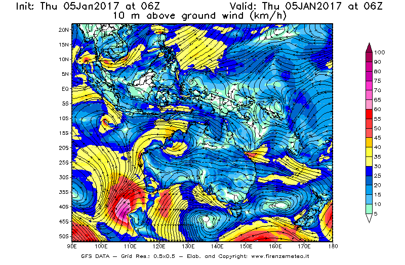 Mappa di analisi GFS - Velocità del vento a 10 metri dal suolo [km/h] in Oceania
							del 05/01/2017 06 <!--googleoff: index-->UTC<!--googleon: index-->