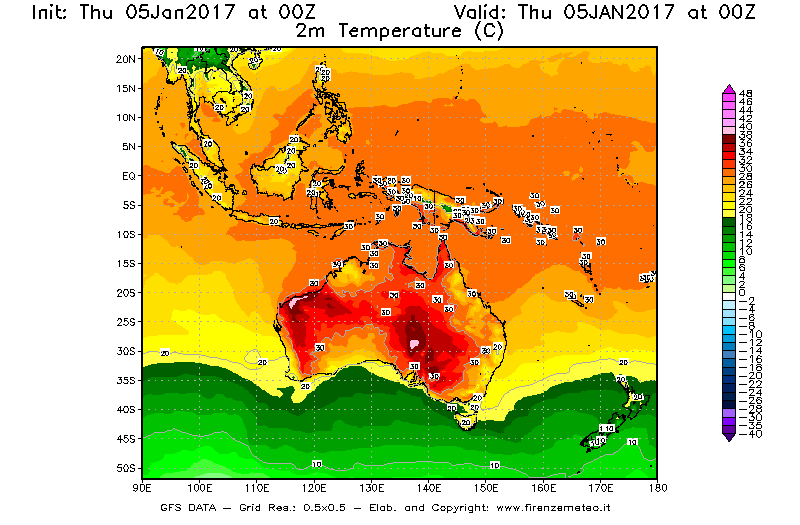 Mappa di analisi GFS - Temperatura a 2 metri dal suolo [°C] in Oceania
							del 05/01/2017 00 <!--googleoff: index-->UTC<!--googleon: index-->