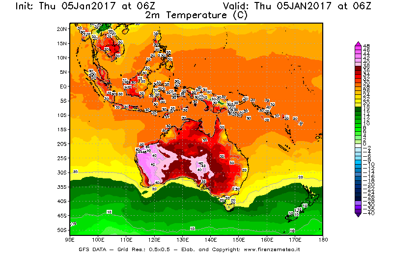 Mappa di analisi GFS - Temperatura a 2 metri dal suolo [°C] in Oceania
							del 05/01/2017 06 <!--googleoff: index-->UTC<!--googleon: index-->