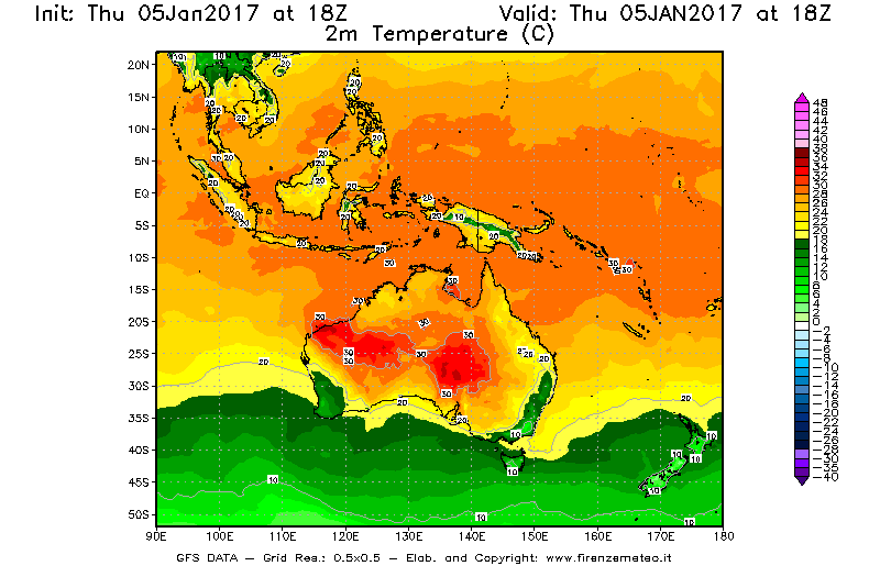 Mappa di analisi GFS - Temperatura a 2 metri dal suolo [°C] in Oceania
							del 05/01/2017 18 <!--googleoff: index-->UTC<!--googleon: index-->