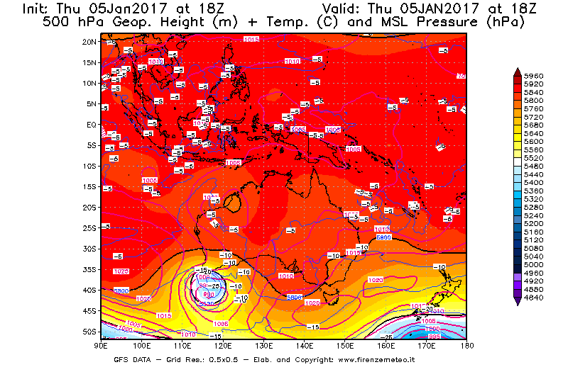 Mappa di analisi GFS - Geopotenziale [m] + Temp. [°C] a 500 hPa + Press. a livello del mare [hPa] in Oceania
							del 05/01/2017 18 <!--googleoff: index-->UTC<!--googleon: index-->