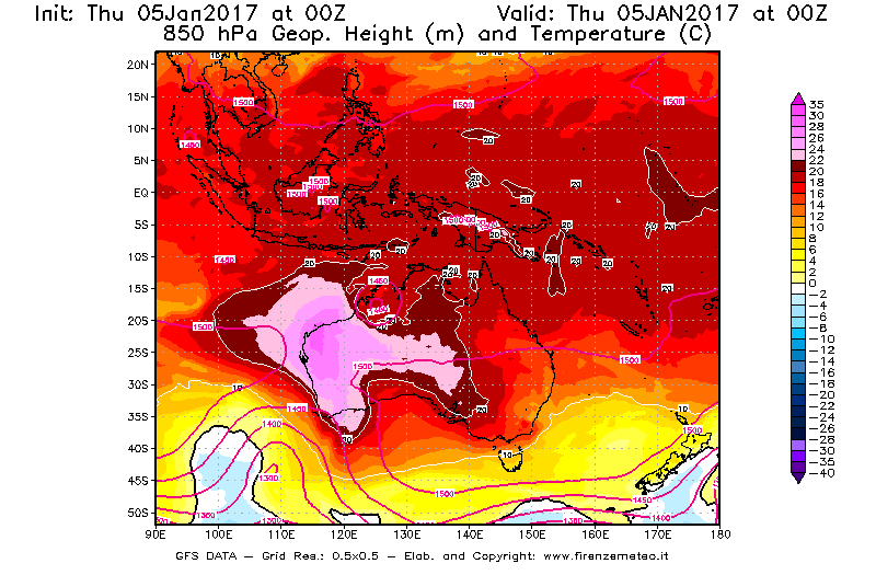 Mappa di analisi GFS - Geopotenziale [m] e Temperatura [°C] a 850 hPa in Oceania
									del 05/01/2017 00 <!--googleoff: index-->UTC<!--googleon: index-->