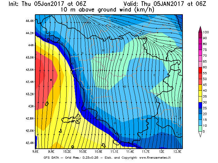 Mappa di analisi GFS - Velocità del vento a 10 metri dal suolo [km/h] in Toscana
							del 05/01/2017 06 <!--googleoff: index-->UTC<!--googleon: index-->