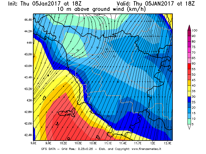 Mappa di analisi GFS - Velocità del vento a 10 metri dal suolo [km/h] in Toscana
									del 05/01/2017 18 <!--googleoff: index-->UTC<!--googleon: index-->