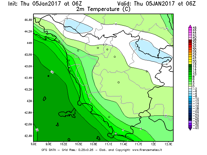 Mappa di analisi GFS - Temperatura a 2 metri dal suolo [°C] in Toscana
							del 05/01/2017 06 <!--googleoff: index-->UTC<!--googleon: index-->
