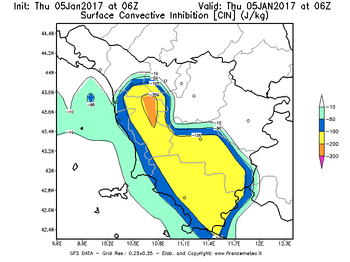 Mappa di analisi GFS - CIN [J/kg] in Toscana
							del 05/01/2017 06 <!--googleoff: index-->UTC<!--googleon: index-->