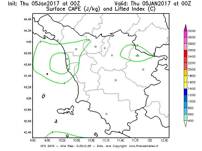 Mappa di analisi GFS - CAPE [J/kg] e Lifted Index [°C] in Toscana
									del 05/01/2017 00 <!--googleoff: index-->UTC<!--googleon: index-->