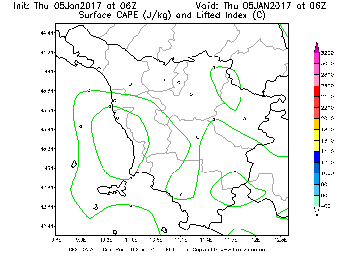 Mappa di analisi GFS - CAPE [J/kg] e Lifted Index [°C] in Toscana
							del 05/01/2017 06 <!--googleoff: index-->UTC<!--googleon: index-->