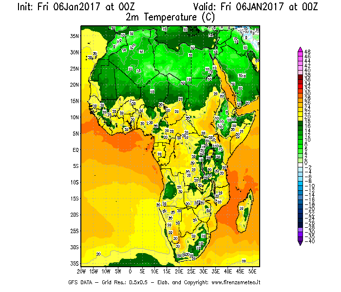 Mappa di analisi GFS - Temperatura a 2 metri dal suolo [°C] in Africa
									del 06/01/2017 00 <!--googleoff: index-->UTC<!--googleon: index-->