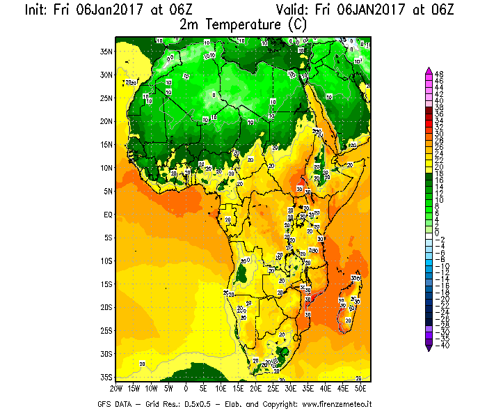 Mappa di analisi GFS - Temperatura a 2 metri dal suolo [°C] in Africa
							del 06/01/2017 06 <!--googleoff: index-->UTC<!--googleon: index-->