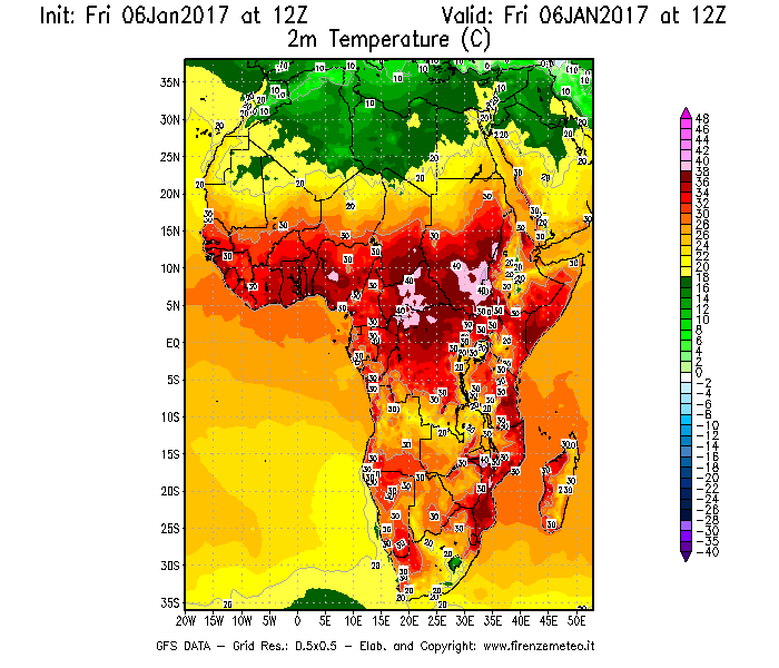 Mappa di analisi GFS - Temperatura a 2 metri dal suolo [°C] in Africa
									del 06/01/2017 12 <!--googleoff: index-->UTC<!--googleon: index-->