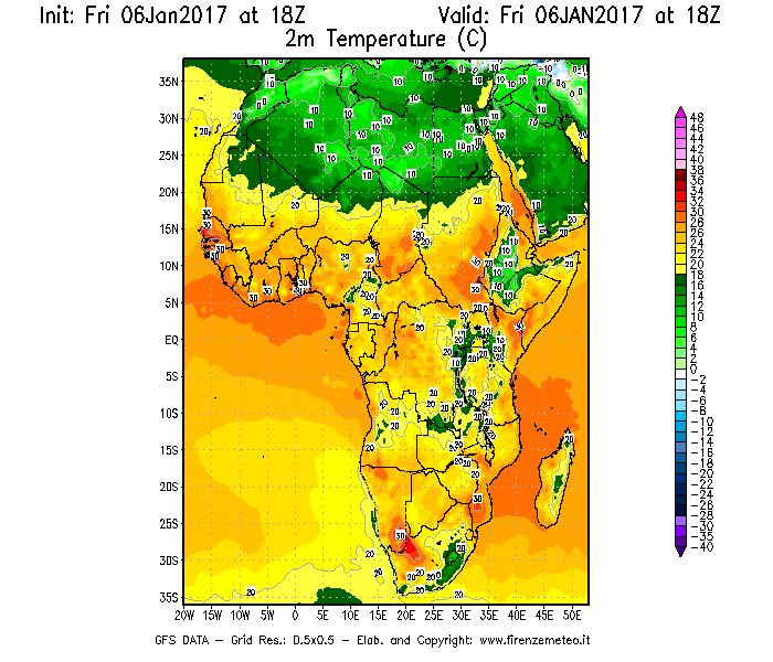 Mappa di analisi GFS - Temperatura a 2 metri dal suolo [°C] in Africa
							del 06/01/2017 18 <!--googleoff: index-->UTC<!--googleon: index-->