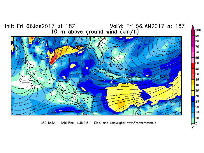 Mappa di analisi GFS - Velocità del vento a 10 metri dal suolo [km/h] in Centro-America
							del 06/01/2017 18 <!--googleoff: index-->UTC<!--googleon: index-->