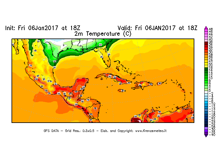 Mappa di analisi GFS - Temperatura a 2 metri dal suolo [°C] in Centro-America
									del 06/01/2017 18 <!--googleoff: index-->UTC<!--googleon: index-->