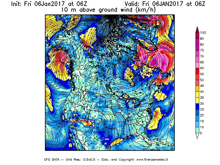 Mappa di analisi GFS - Velocità del vento a 10 metri dal suolo [km/h] in Nord-America
							del 06/01/2017 06 <!--googleoff: index-->UTC<!--googleon: index-->