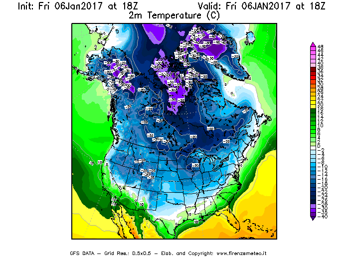 Mappa di analisi GFS - Temperatura a 2 metri dal suolo [°C] in Nord-America
							del 06/01/2017 18 <!--googleoff: index-->UTC<!--googleon: index-->