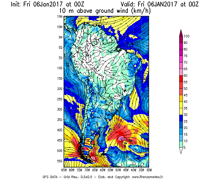Mappa di analisi GFS - Velocità del vento a 10 metri dal suolo [km/h] in Sud-America
									del 06/01/2017 00 <!--googleoff: index-->UTC<!--googleon: index-->
