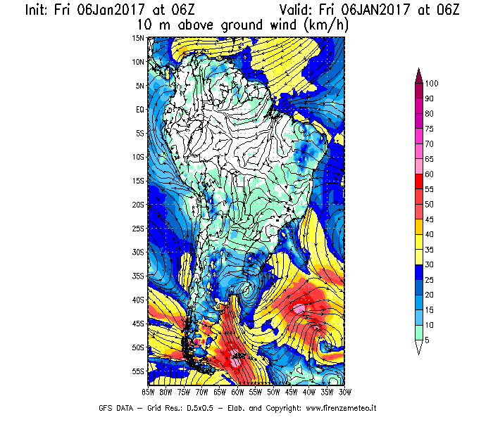 Mappa di analisi GFS - Velocità del vento a 10 metri dal suolo [km/h] in Sud-America
							del 06/01/2017 06 <!--googleoff: index-->UTC<!--googleon: index-->