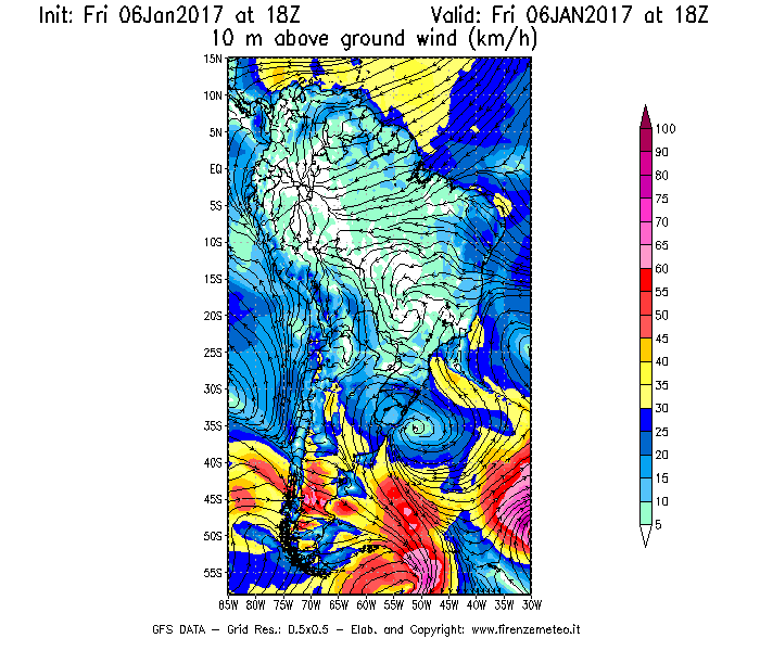 Mappa di analisi GFS - Velocità del vento a 10 metri dal suolo [km/h] in Sud-America
									del 06/01/2017 18 <!--googleoff: index-->UTC<!--googleon: index-->