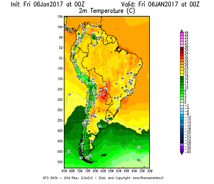 Mappa di analisi GFS - Temperatura a 2 metri dal suolo [°C] in Sud-America
							del 06/01/2017 00 <!--googleoff: index-->UTC<!--googleon: index-->