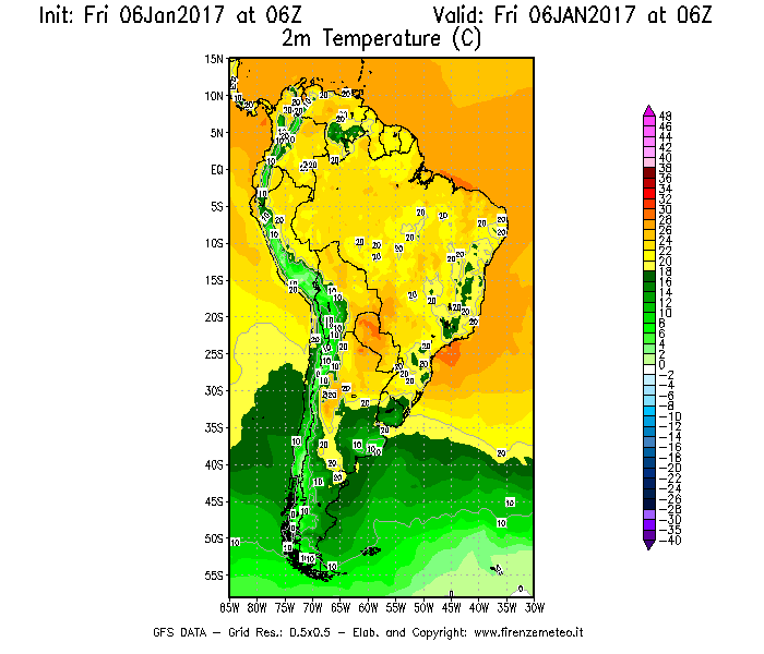 Mappa di analisi GFS - Temperatura a 2 metri dal suolo [°C] in Sud-America
							del 06/01/2017 06 <!--googleoff: index-->UTC<!--googleon: index-->