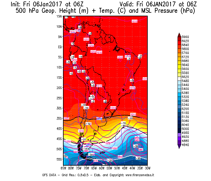 Mappa di analisi GFS - Geopotenziale [m] + Temp. [°C] a 500 hPa + Press. a livello del mare [hPa] in Sud-America
							del 06/01/2017 06 <!--googleoff: index-->UTC<!--googleon: index-->