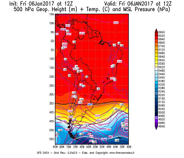 Mappa di analisi GFS - Geopotenziale [m] + Temp. [°C] a 500 hPa + Press. a livello del mare [hPa] in Sud-America
							del 06/01/2017 12 <!--googleoff: index-->UTC<!--googleon: index-->