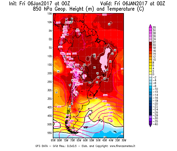 Mappa di analisi GFS - Geopotenziale [m] e Temperatura [°C] a 850 hPa in Sud-America
							del 06/01/2017 00 <!--googleoff: index-->UTC<!--googleon: index-->